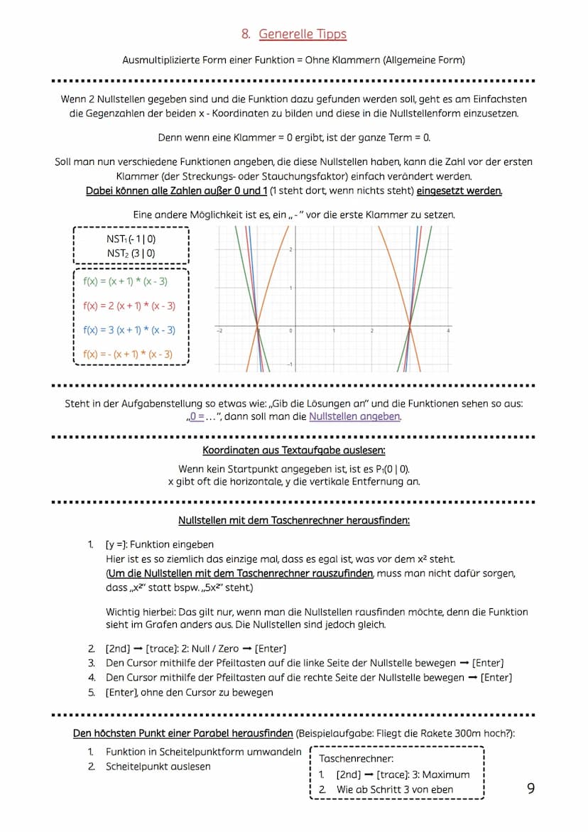 Mathe Arbeit Lernzettel Klasse 9-2. Halbjahr
Themen:
1. Darstellungsformen von Parabeln
2. Quadratische Ergänzung
3. Scheitelpunktform Allge