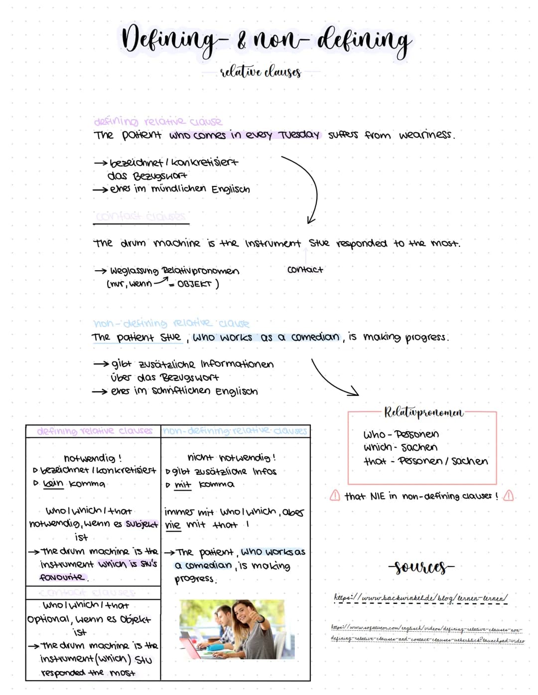 Defining & non-defining
relative clauses
defining relative clause
The patient who comes in every Tuesday suffers from weariness.
→ bezeichne