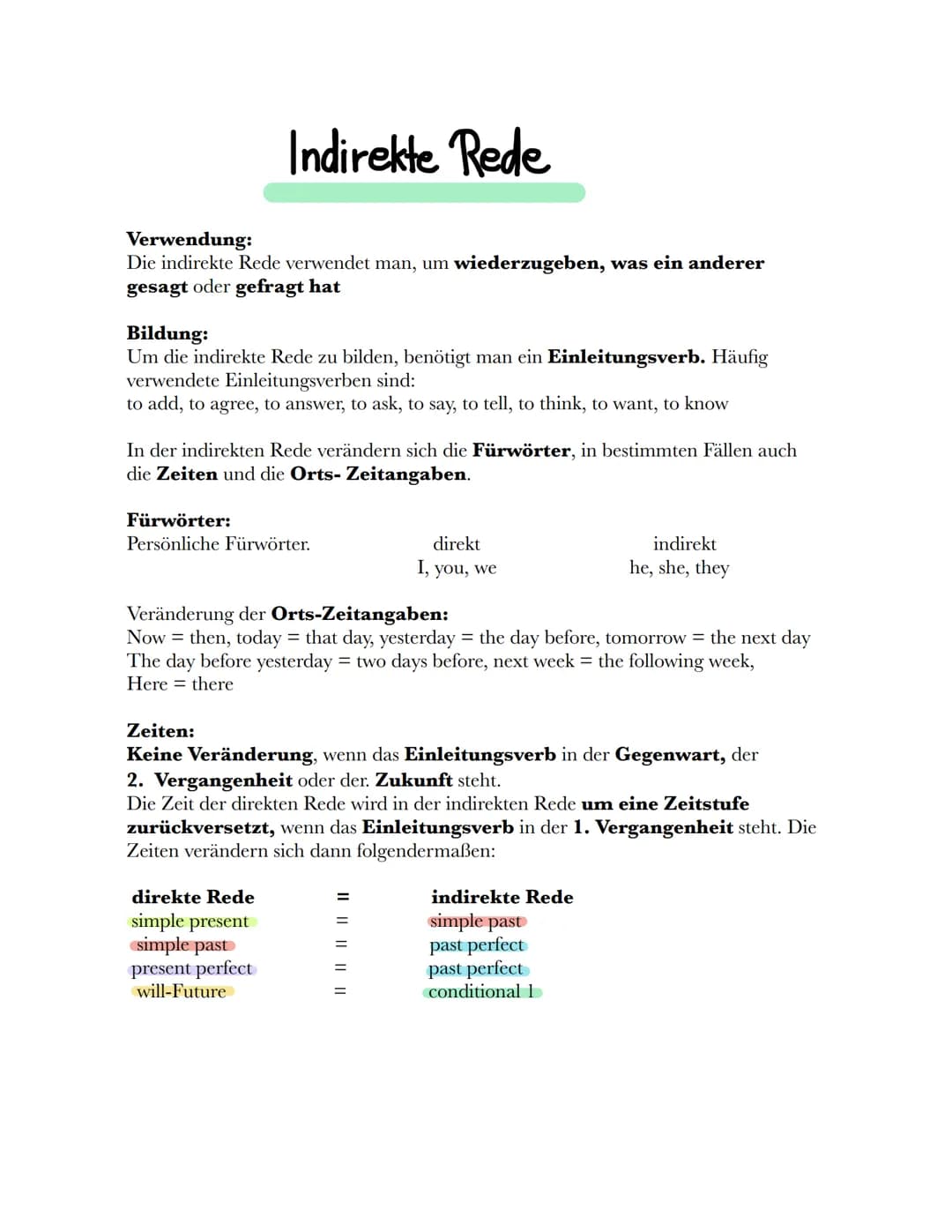 Indirekte Rede
Verwendung:
Die indirekte Rede verwendet man, um wiederzugeben, was ein anderer
gesagt oder gefragt hat
Bildung:
Um die indir