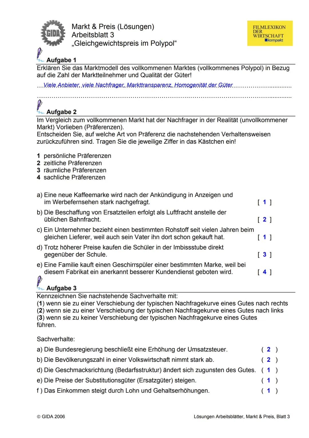 GIDA
Markt & Preis (Lösungen)
Arbeitsblatt 1
„Das Gesetz von Angebot und Nachfrage"
Aufgabe 1
Nachfrage und Angebot oder Angebot und Nachfra