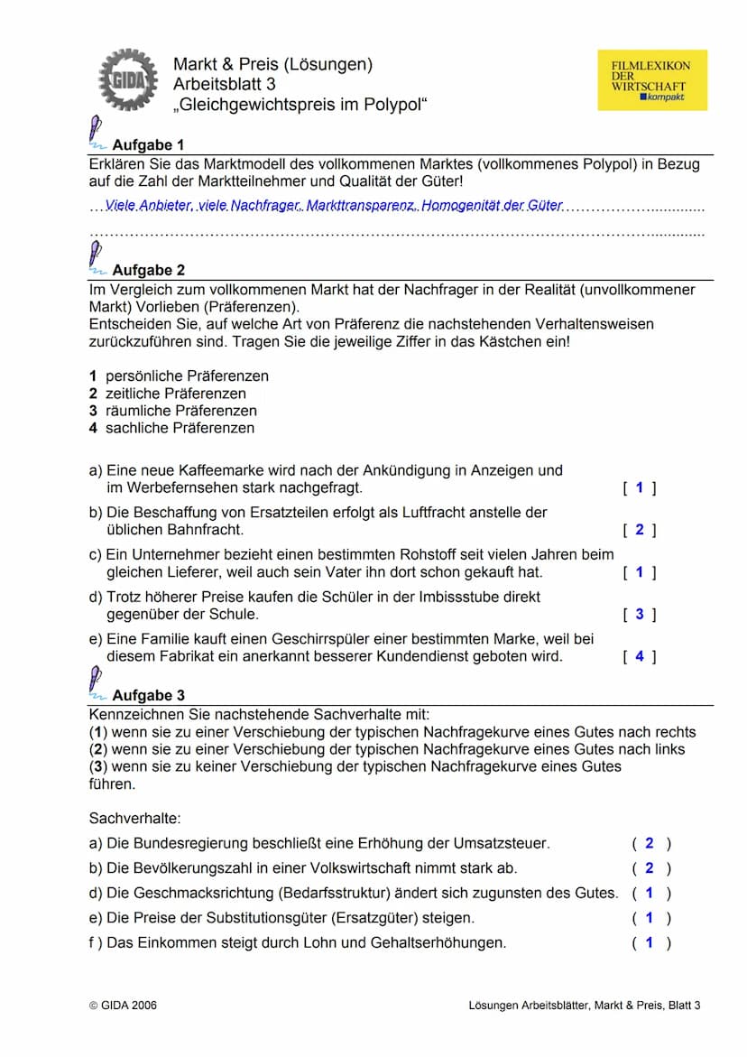 GIDA
Markt & Preis (Lösungen)
Arbeitsblatt 1
„Das Gesetz von Angebot und Nachfrage"
Aufgabe 1
Nachfrage und Angebot oder Angebot und Nachfra
