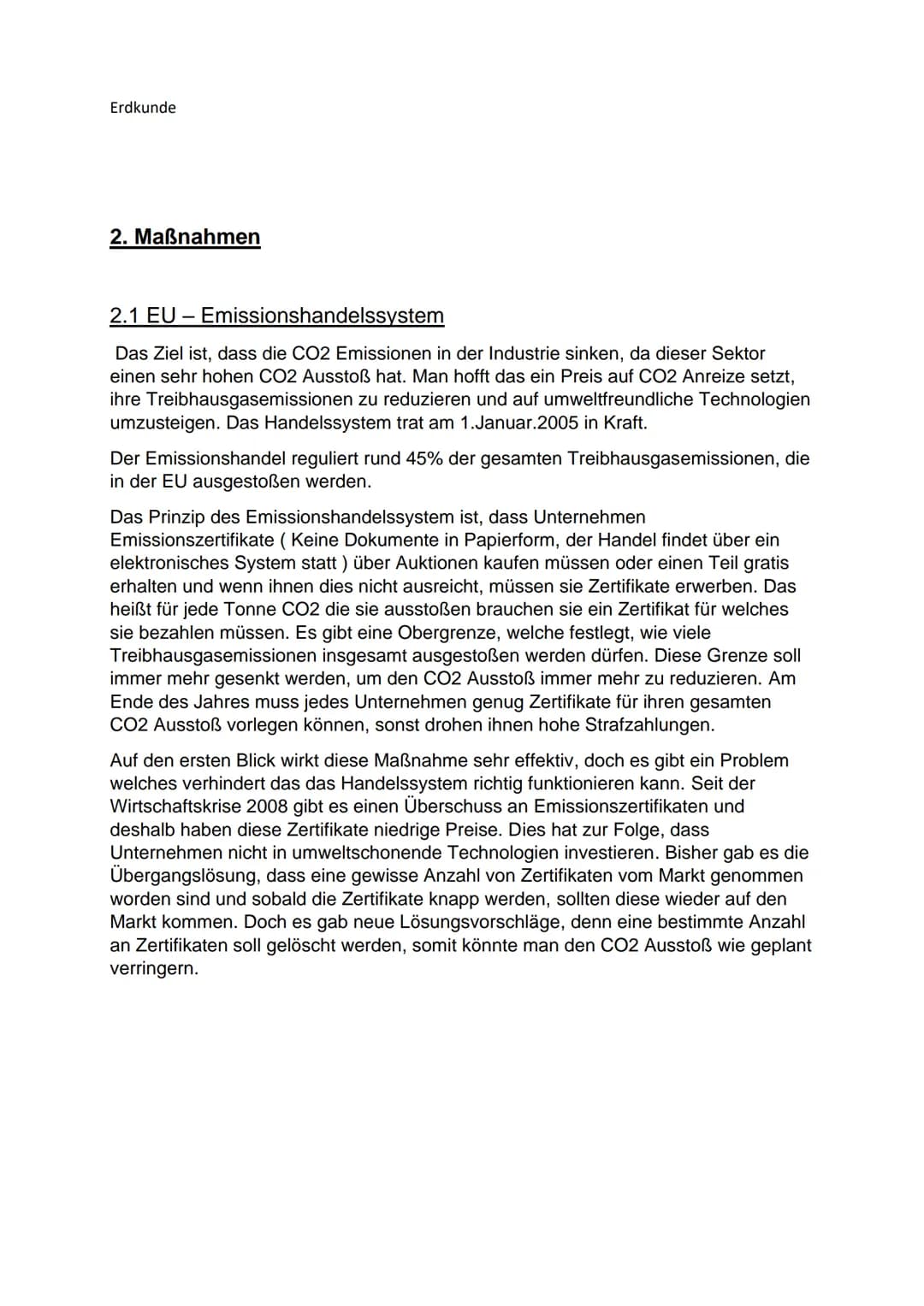 Erdkunde
Schriftliche Ausarbeitung
Maßnahmen gegen Treibhausemissionen
CO2 Ausstoß
Gliederung:
1. Pariser Abkommen
2. Maßnahmen
2.1 Das EU-E