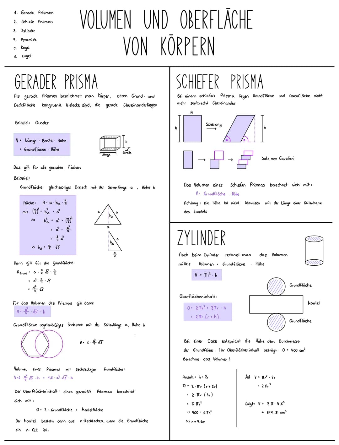 1. Gerade Prismen.
2. Schiefe Prismen
3. Zylinder
4. Pyramide
5. Kegel
6. Kugel
GERADER PRISMA
Als gerade Prismen bezeichnet man körper, der