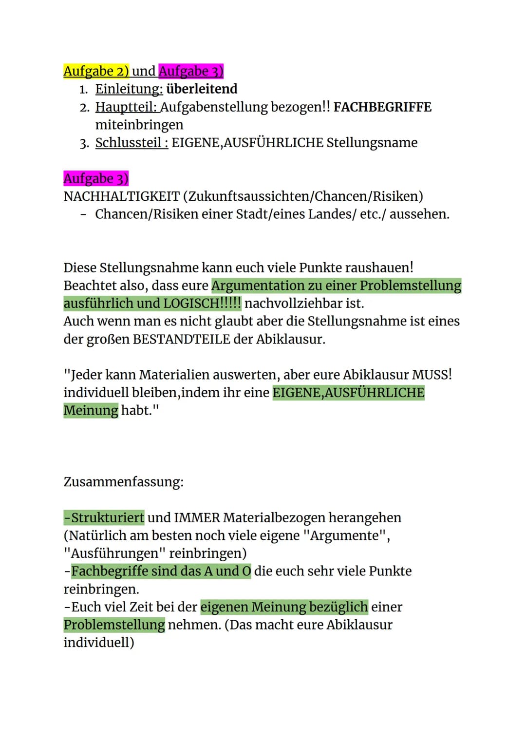Klausurtipps Erdkunde
Die Materialien, die ihr als große STELLUNGSHILFE bekommt,
ordnet ihr erstmal als "WICHTIG" und "WENIGER WICHTIG"
ein.