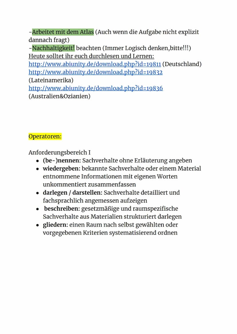 Klausurtipps Erdkunde
Die Materialien, die ihr als große STELLUNGSHILFE bekommt,
ordnet ihr erstmal als "WICHTIG" und "WENIGER WICHTIG"
ein.