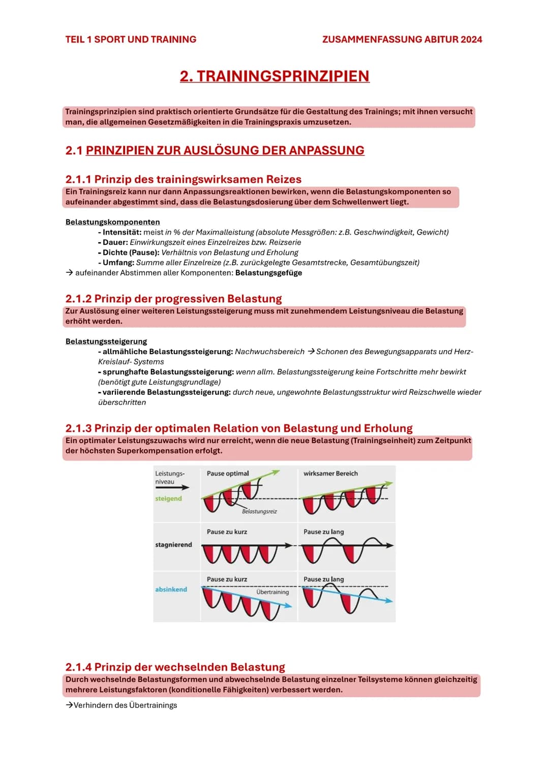 TEIL 1 SPORT UND TRAINING
ZUSAMMENFASSUNG ABITUR 2024
2. TRAININGSPRINZIPIEN
Trainingsprinzipien sind praktisch orientierte Grundsätze für d