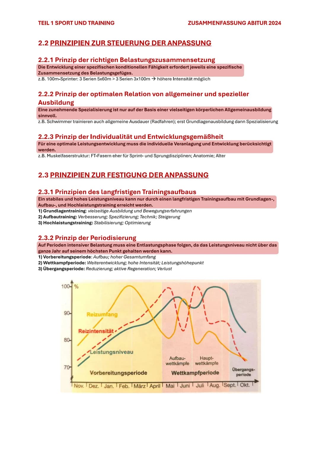 TEIL 1 SPORT UND TRAINING
ZUSAMMENFASSUNG ABITUR 2024
2. TRAININGSPRINZIPIEN
Trainingsprinzipien sind praktisch orientierte Grundsätze für d