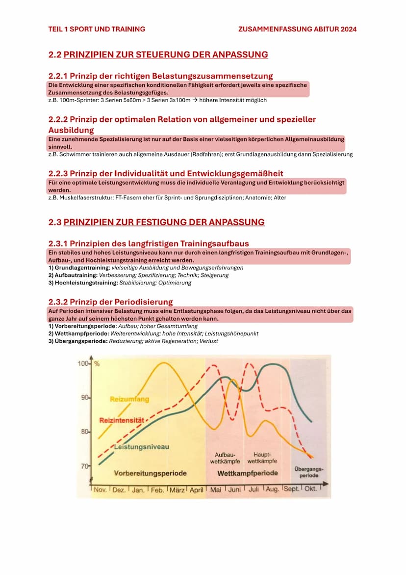 TEIL 1 SPORT UND TRAINING
ZUSAMMENFASSUNG ABITUR 2024
2. TRAININGSPRINZIPIEN
Trainingsprinzipien sind praktisch orientierte Grundsätze für d