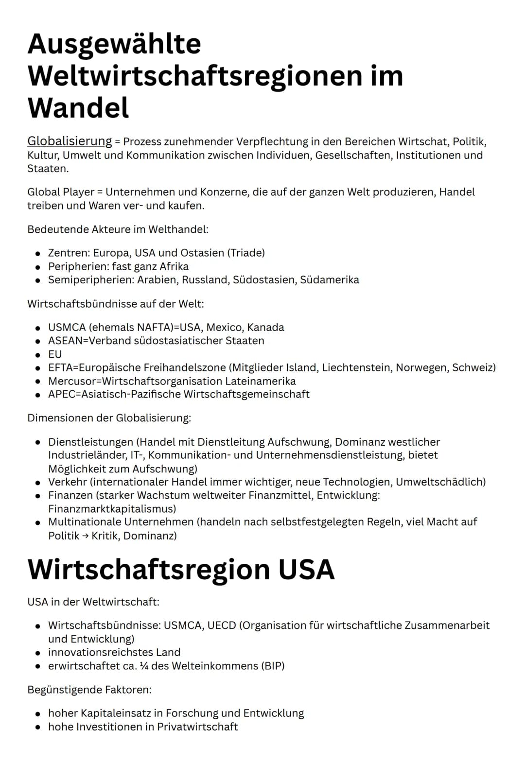 Ausgewählte
Weltwirtschaftsregionen im
Wandel
Globalisierung = Prozess zunehmender Verpflechtung in den Bereichen Wirtschat, Politik,
Kultur