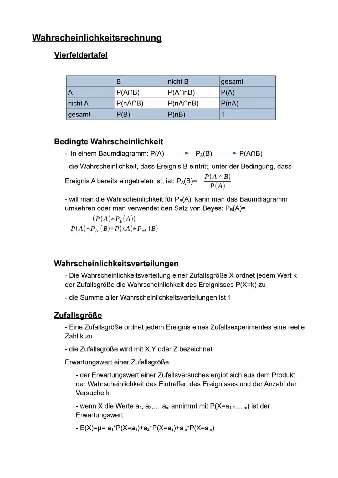 Mathematik
eA
Semester 2
- Stochastik - Inhaltsverzeichnis
Wahrscheinlichkeitsrechnung..
Vierfeldertafel..
Bedingte Wahrscheinlichkeit..
Wah