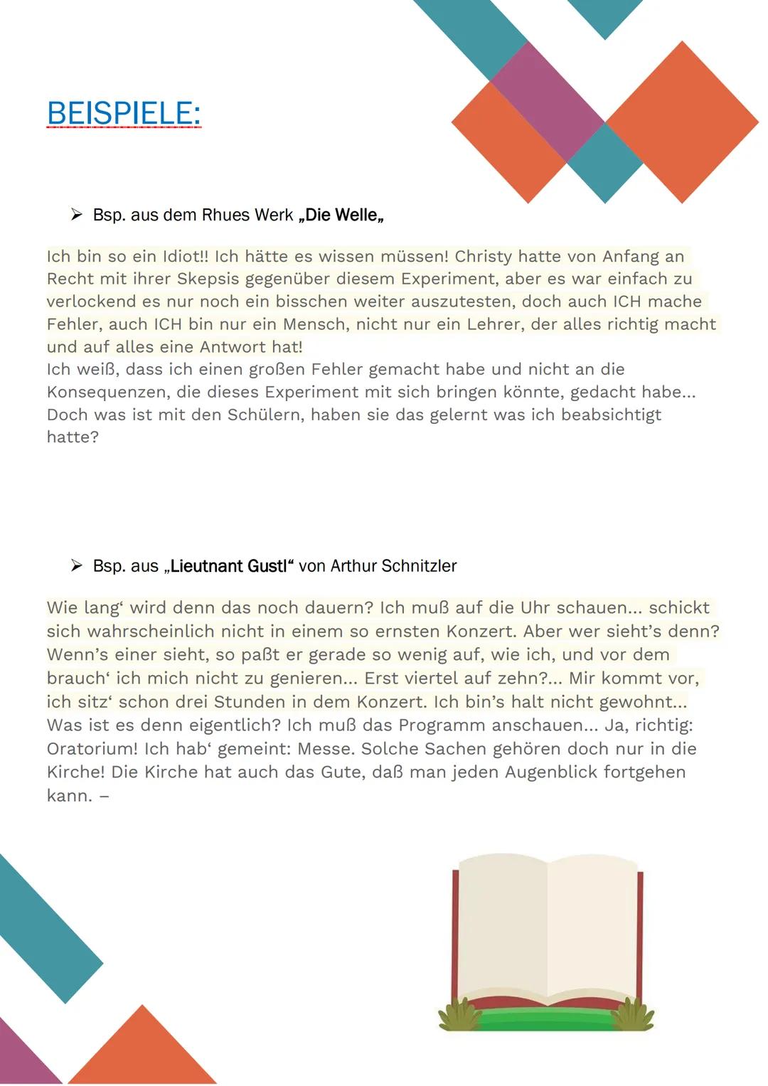 # INNERER MONOLOG

Aufbau und Inhalt

- kein strenger Aufbau
- Einleitung: Nennung des Problems bzw. der Thematik
- Hauptteil: - Hineinverse