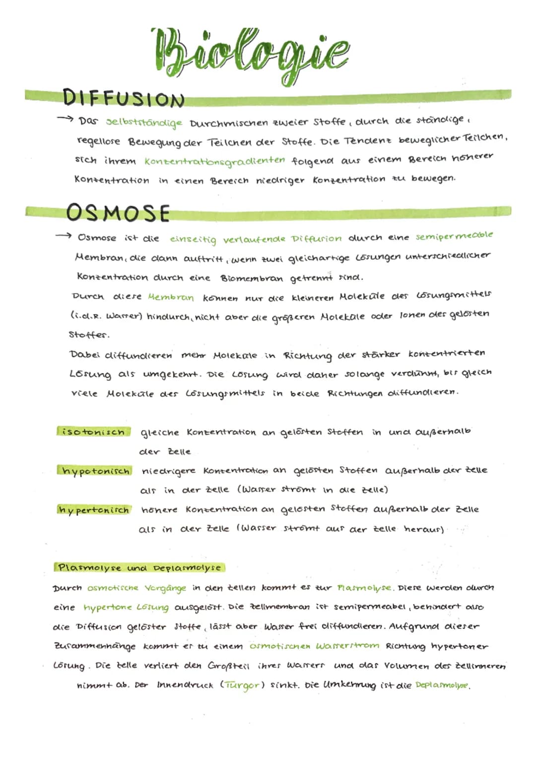 Biologie
DIFFUSION
→Das selbstständige Durchmischen zweier Stoffe, durch die ständige,
regellose Bewegung der Teilchen der Stoffe. Die Tende