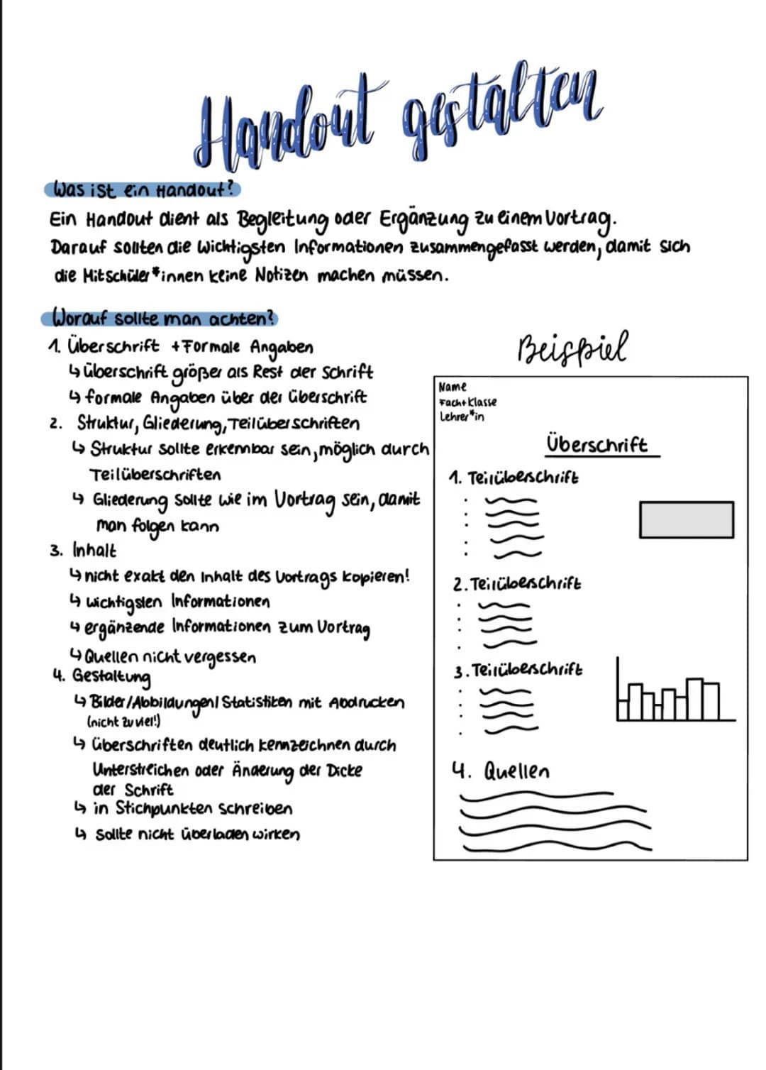 Handout gestalten
I Was ist ein Handout?
Ein Handout dient als Begleitung oder Ergänzung zu einem Vortrag.
Darauf sollten die wichtigsten In