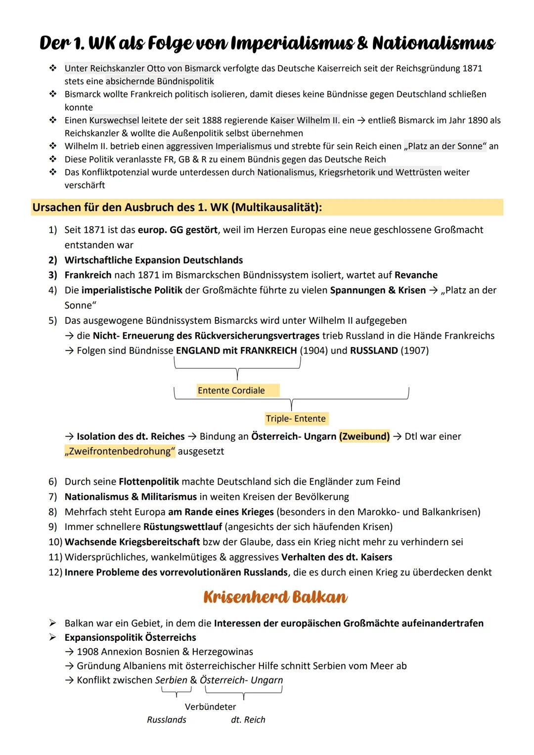 Der 1. WK als Folge von Imperialismus & Nationalismus
Unter Reichskanzler Otto von Bismarck verfolgte das Deutsche Kaiserreich seit der Reic