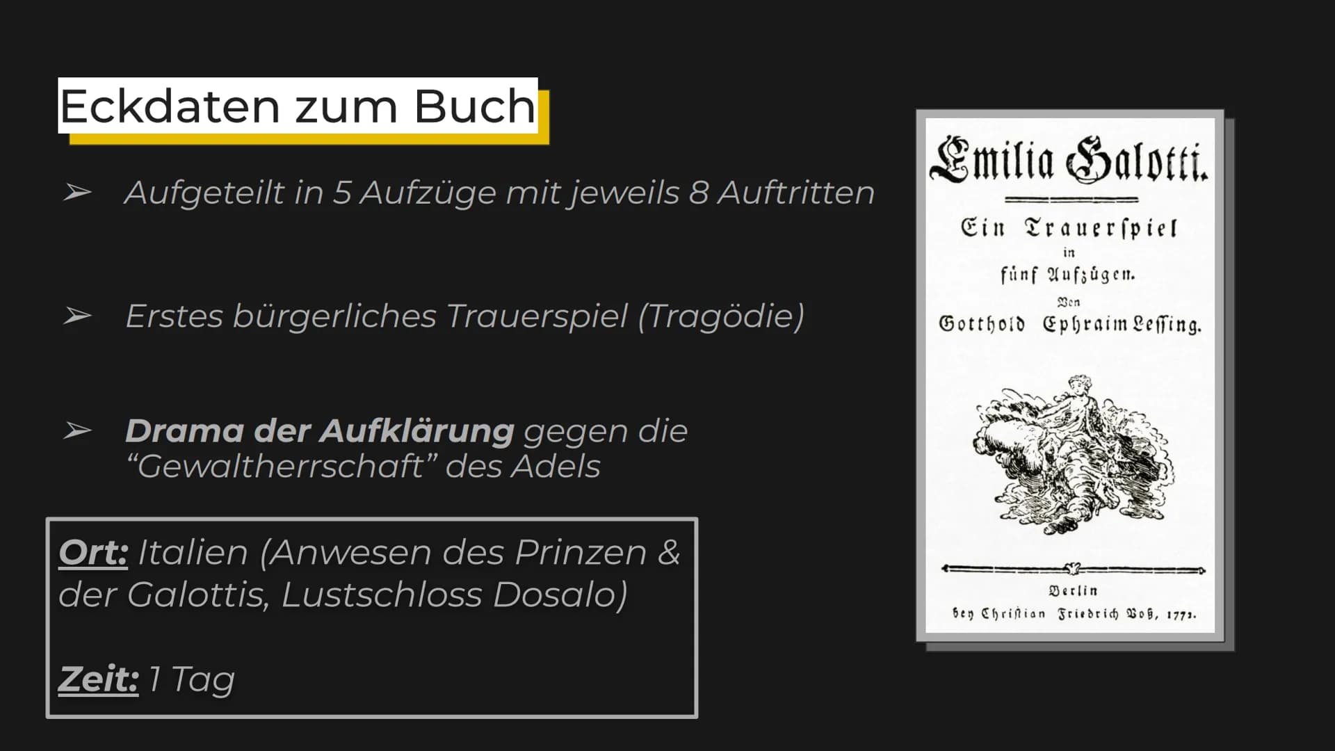 Gleich gehts los! Emilia Galotti (Vortrag)
Montag, 24.01.2022
Eckdaten
Titel:
Gattung:
Autor:
Erscheinungsjahr:
Uraufführung:
Originalsprach