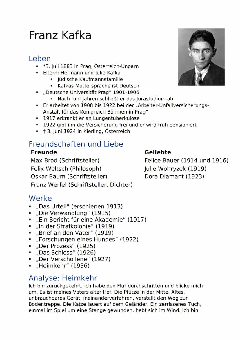 FRANZ KAFKA
von Benjamin Gätcke Franz Kafka
Leben
■
■
■
■
■
■
■
*3. Juli 1883 in Prag, Österreich-Ungarn
Eltern: Hermann und Julie Kafka
Jüd