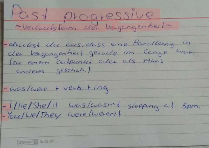 Past progressive
~Verlaceds form der Vergangenheit ~
-drückst du aus, dass eine Handlung
cler Vergangenheit geracle im
(2cc einem Zeitpunkt 