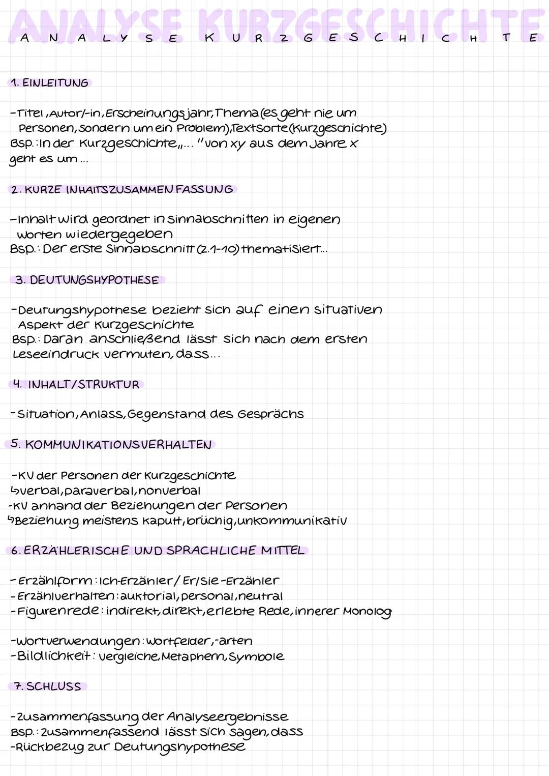 ANALYSE KURZGESCHICHTE
1. EINLEITUNG
-Titel, Autor/-in, Erscheinungsjahr, Thema (es geht nie um
Personen, sondern um ein Problem), TextSorte