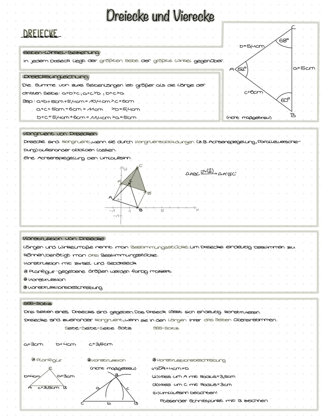 DREIECKE
seiten-Winkel-Beziehung
In jedem Dreieck liegt der größten seite der größte winkel gegenüber.
Dreieckesungleichung.
Die Summe von z