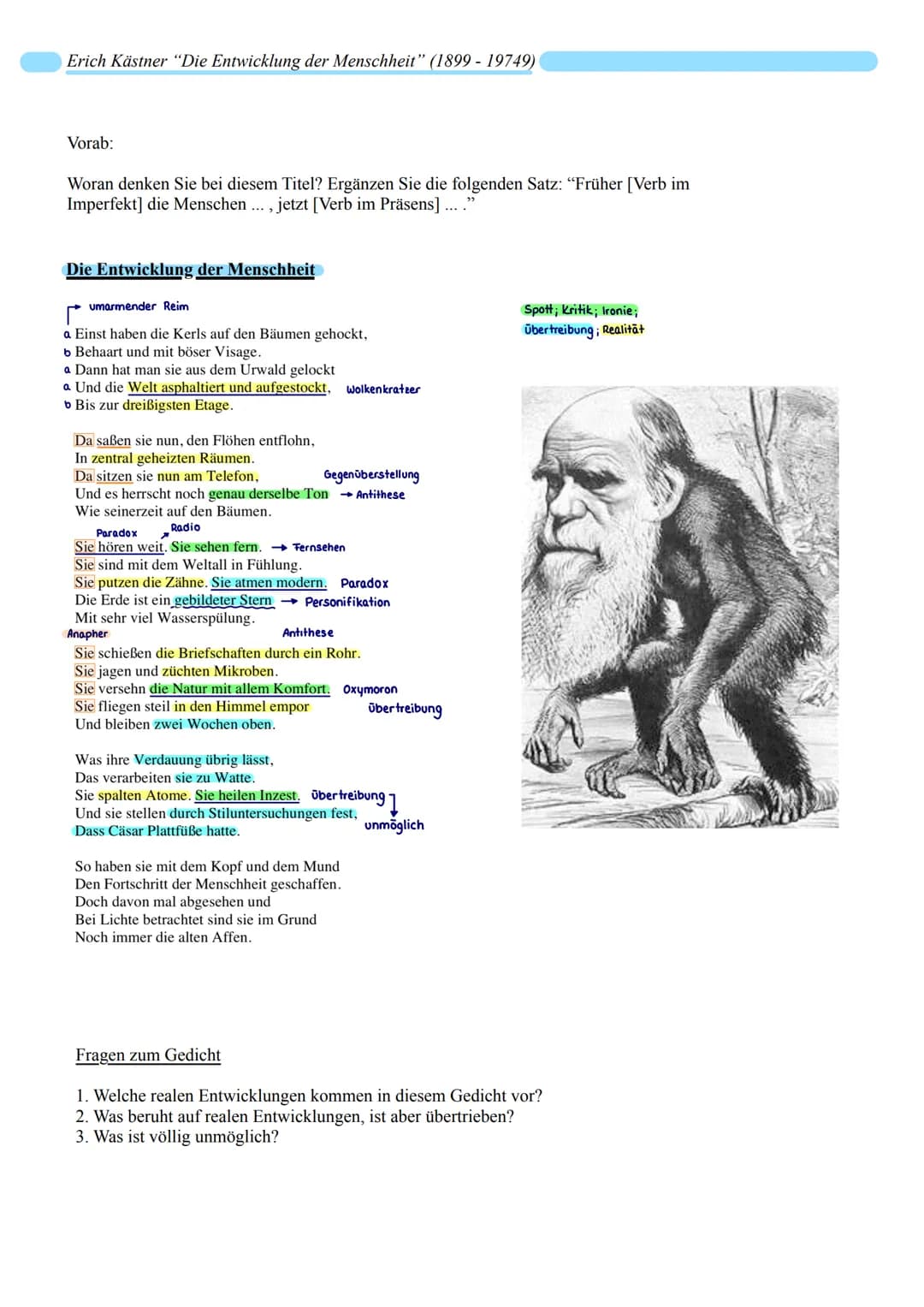 Erich Kästner "Die Entwicklung der Menschheit" (1899 - 19749)
Vorab:
Woran denken Sie bei diesem Titel? Ergänzen Sie die folgenden Satz: "Fr