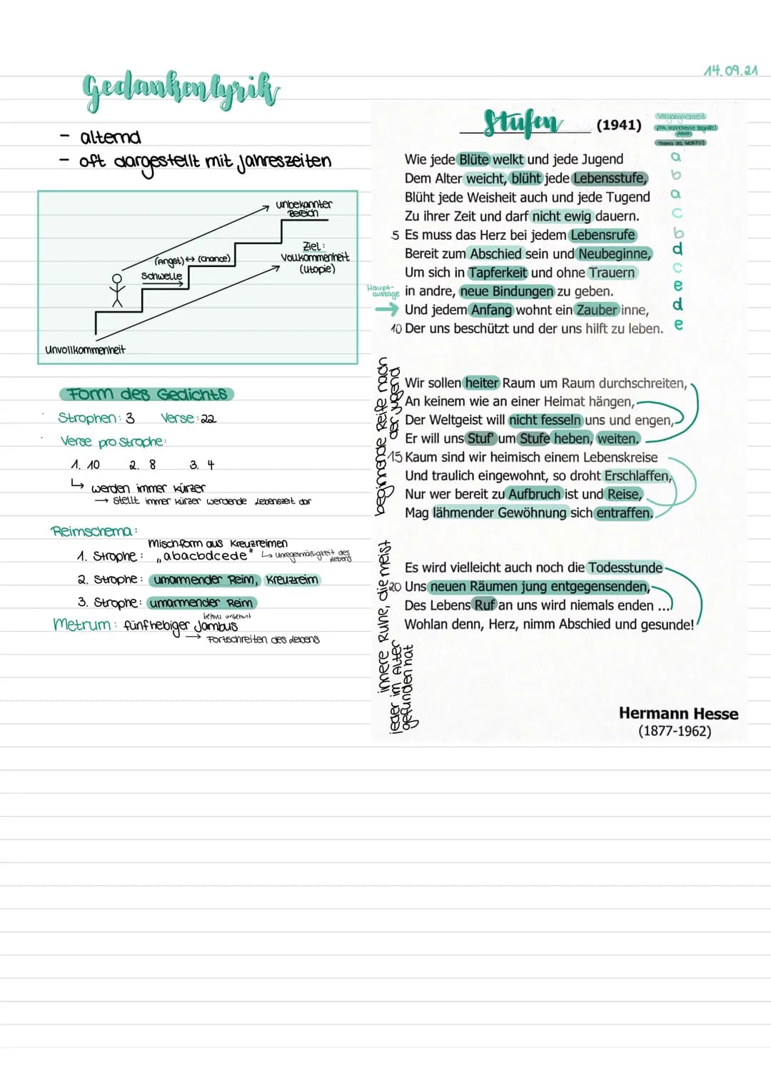 Gedanken lyrik
alternd
oft dargestellt mit Jahreszeiten
Unvollkommenheit
(Angst) → (Chance)
Schwelle
Form des Gedichts.
Strophen: 3 Verse 22