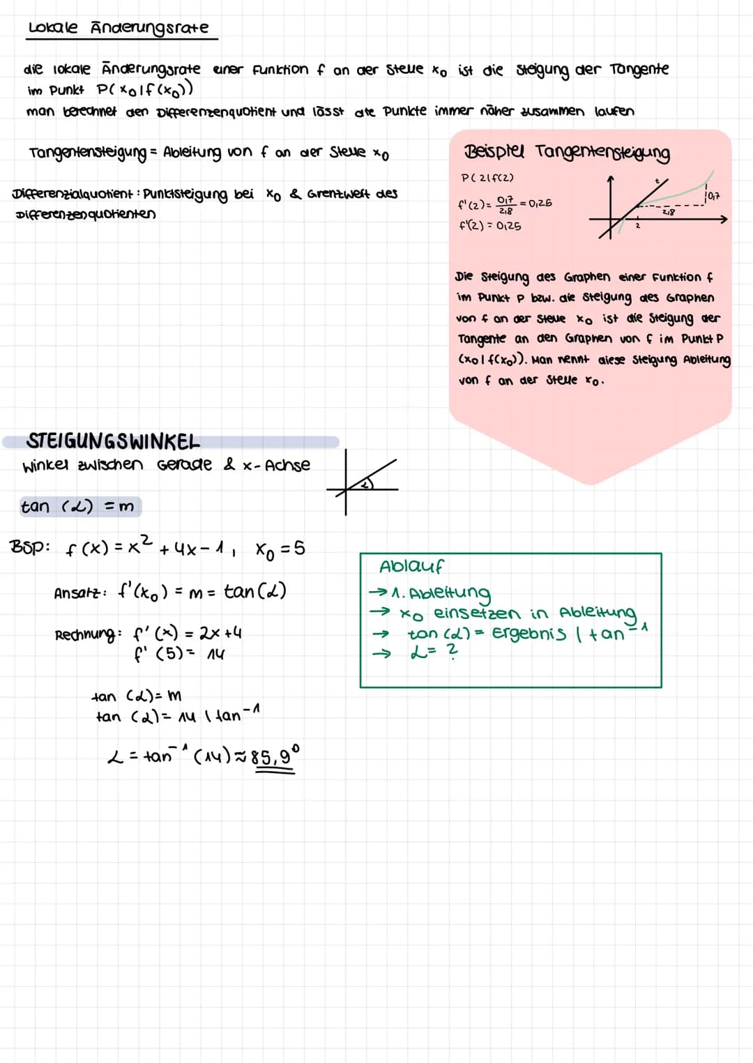 1. Ableitungsregein
MATHE-KLASSENARBEIT
Differenzialrechnung, Ableitungen, Tangente, Normale
Potenzregel: f(x) = xn
f'(x)=n·x^-^
Faktorregel