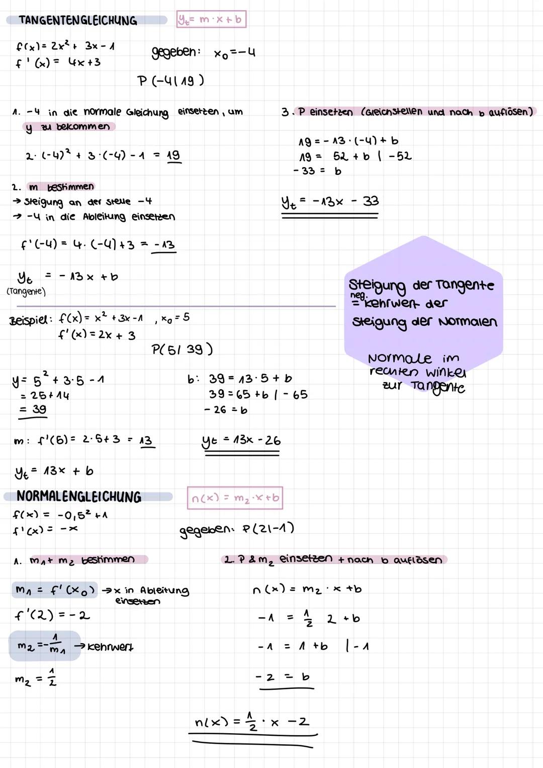 1. Ableitungsregein
MATHE-KLASSENARBEIT
Differenzialrechnung, Ableitungen, Tangente, Normale
Potenzregel: f(x) = xn
f'(x)=n·x^-^
Faktorregel