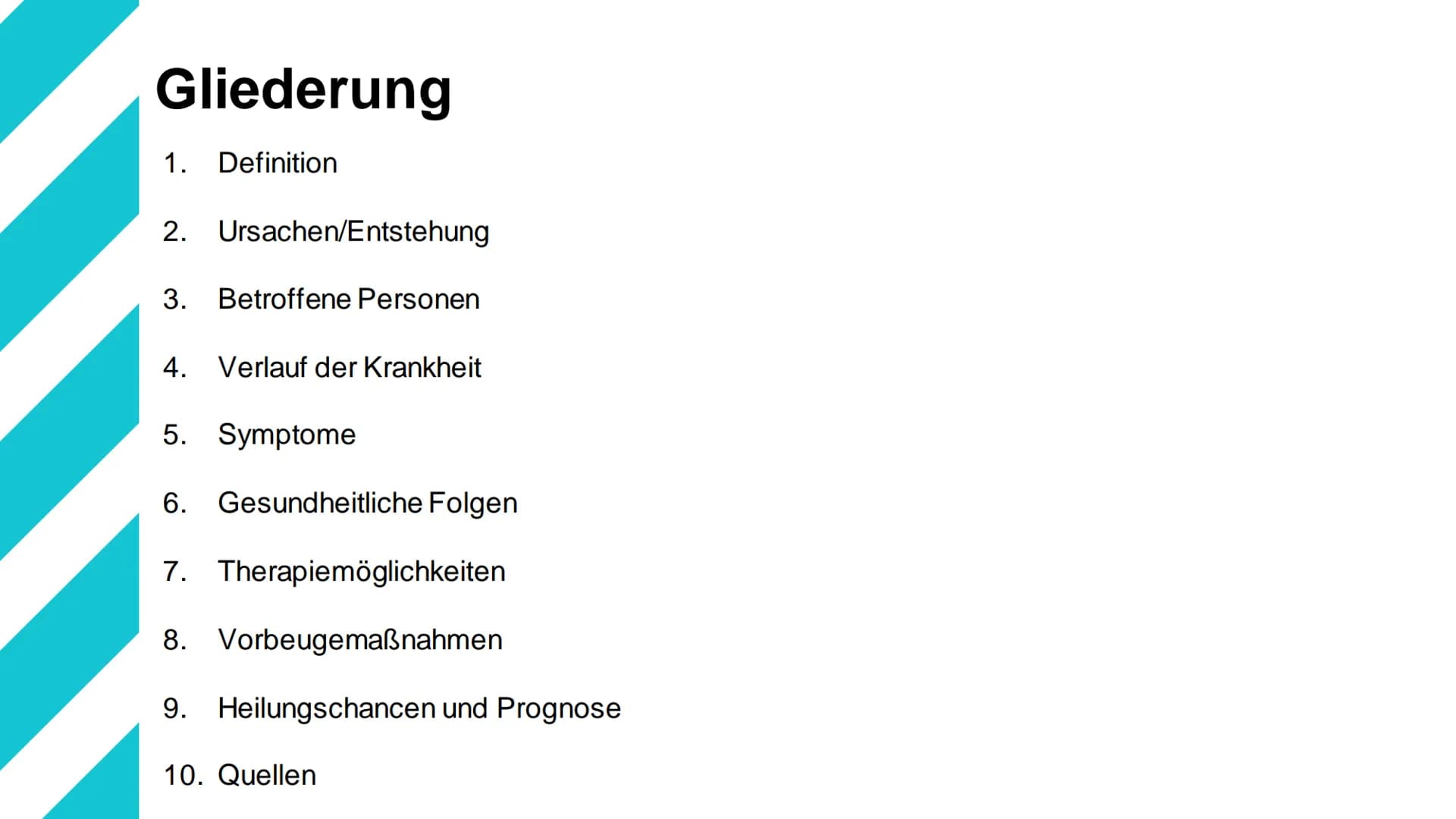 Bulimie Gliederung
1. Definition
2. Ursachen/Entstehung
3. Betroffene Personen
4. Verlauf der Krankheit
5. Symptome
6. Gesundheitliche Folge