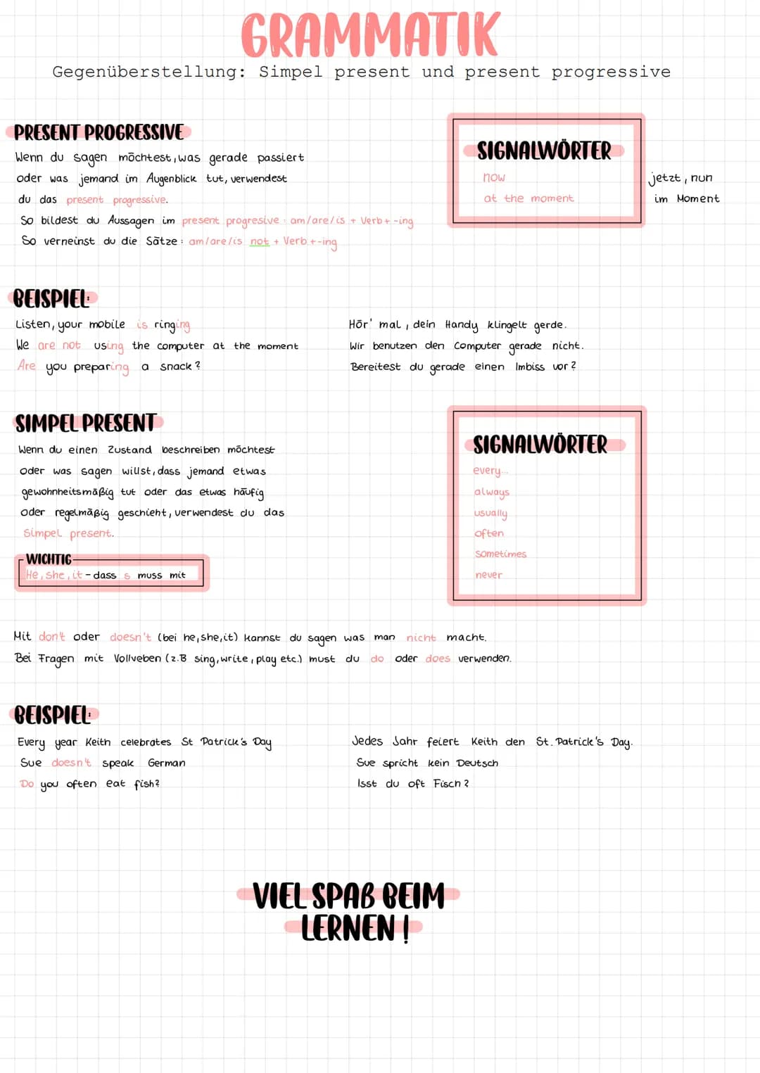 GRAMMATIK
Gegenüberstellung: Simpel present und present progressive
PRESENT PROGRESSIVE
Wenn du sagen möchtest, was gerade passiert
oder was