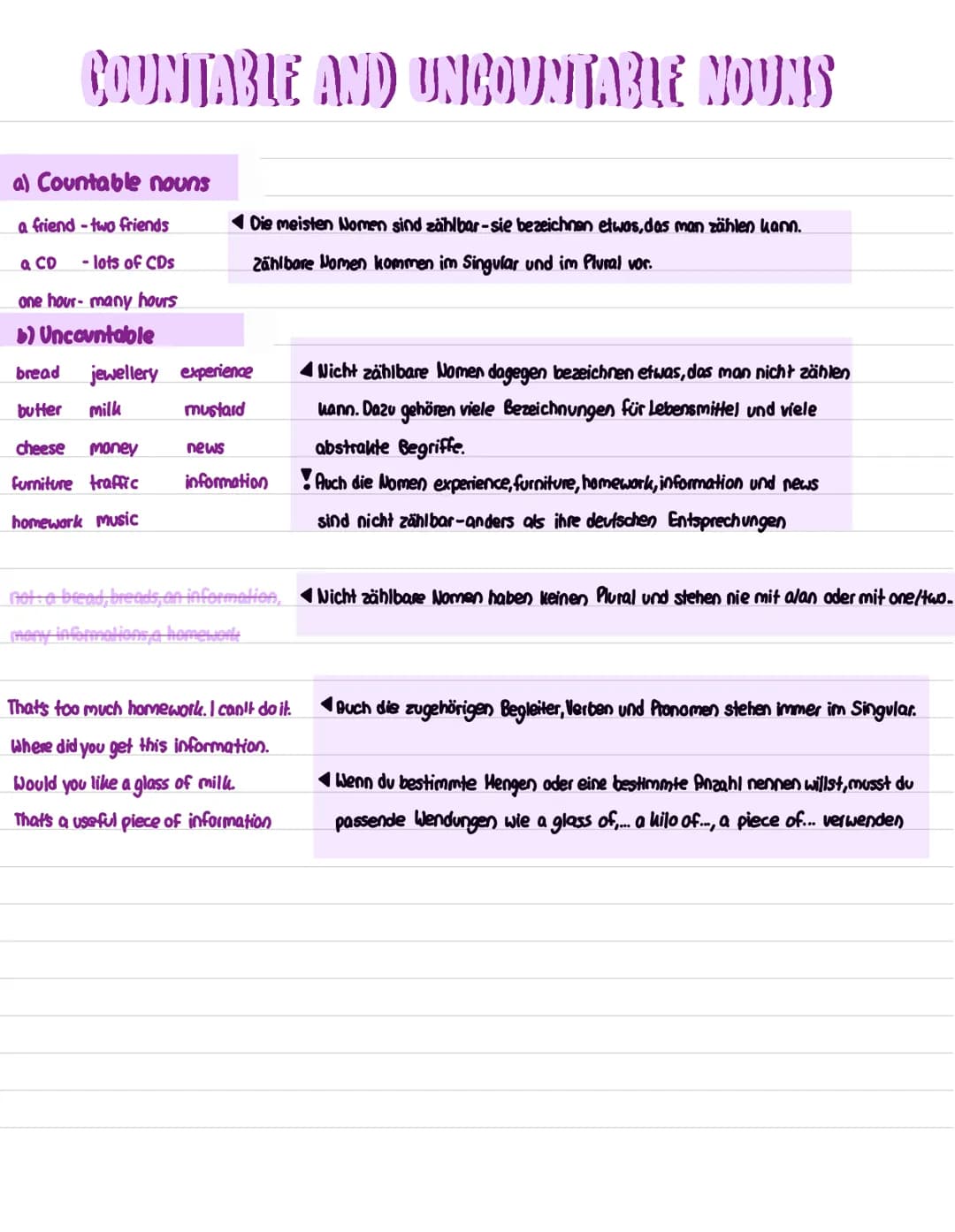 COUNTABLE AND UNCOUNTABLE NOUNS
a) Countable nouns
a friend - two friends
a CD - lots of CDs
one hour-many hours
b) Uncountable
bread jewell