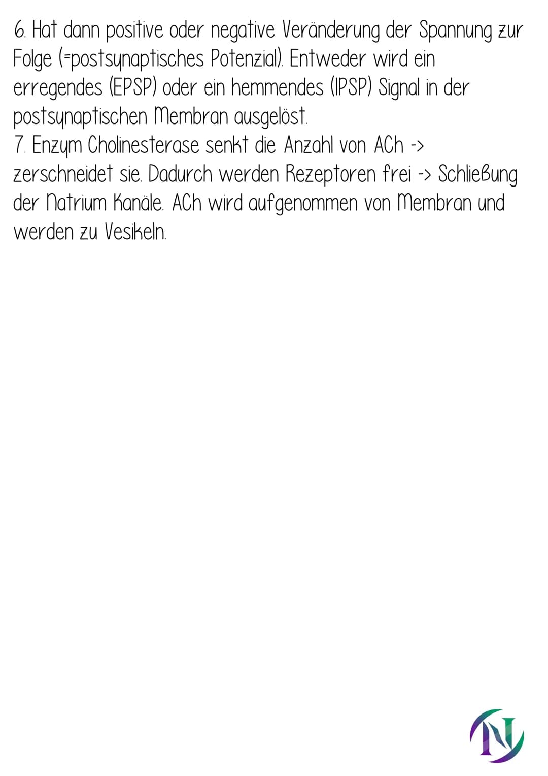 Nervenzelle
-Zelthen
- Dendrit (empfangen Signale)
Soma
-3 Zellkern
-Axonhügel (Signale in AP umgewandelt)
-Schwannsche Zelle
-Myelinscheide