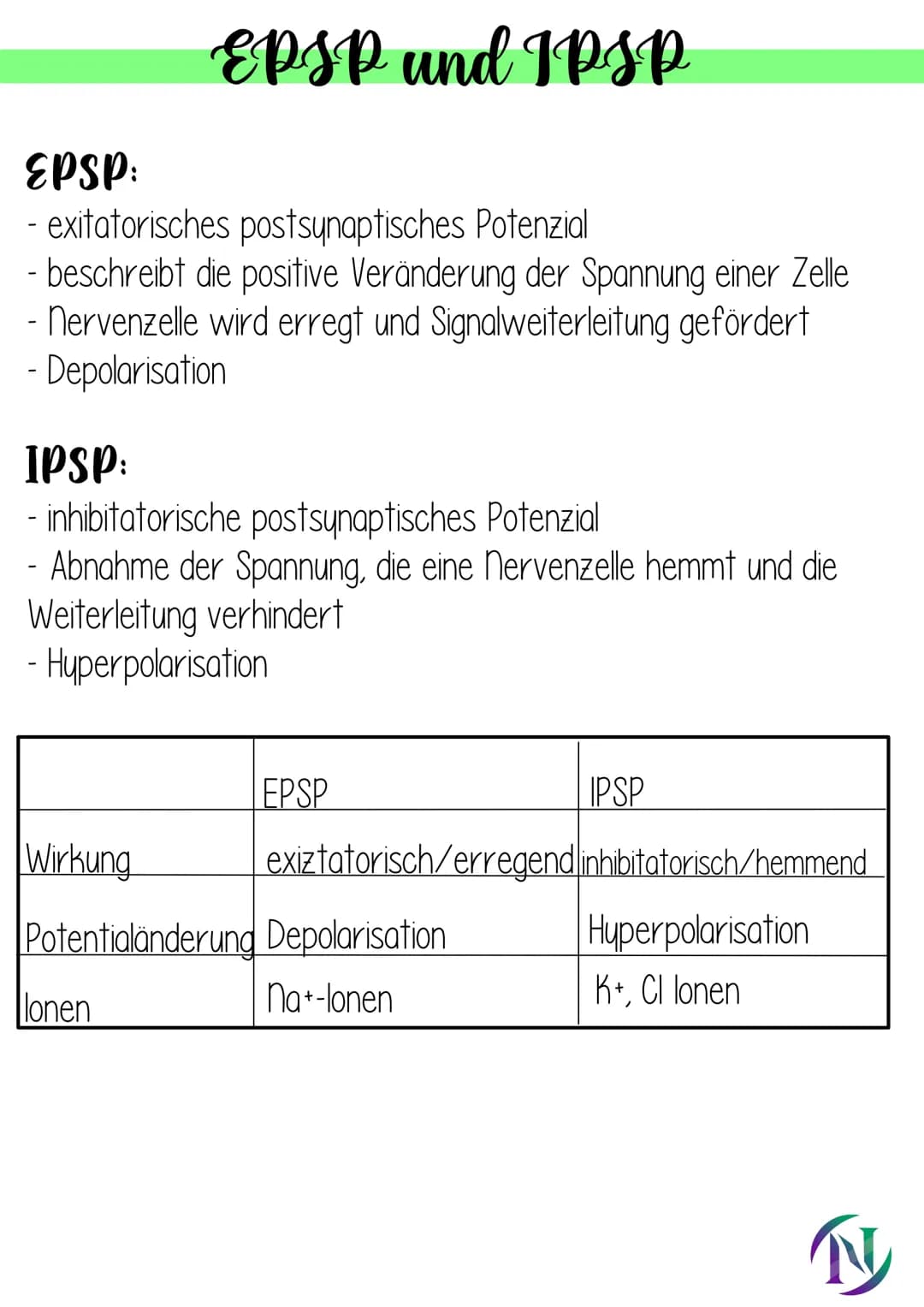 Nervenzelle
-Zelthen
- Dendrit (empfangen Signale)
Soma
-3 Zellkern
-Axonhügel (Signale in AP umgewandelt)
-Schwannsche Zelle
-Myelinscheide