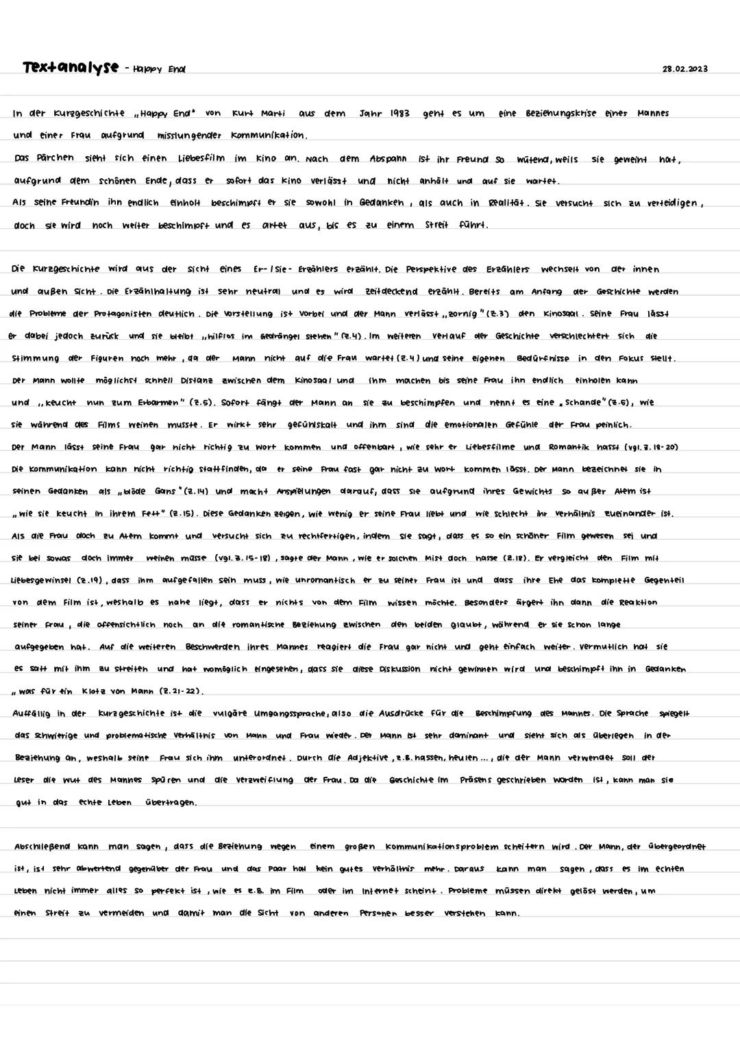 Kurt Marti: Happy End (1960)
auklarialen Erzähler, neutrales Ergählverhalten
Sie umarmen sich, und alles ist wieder gut. Das Wort
ENDE flimm