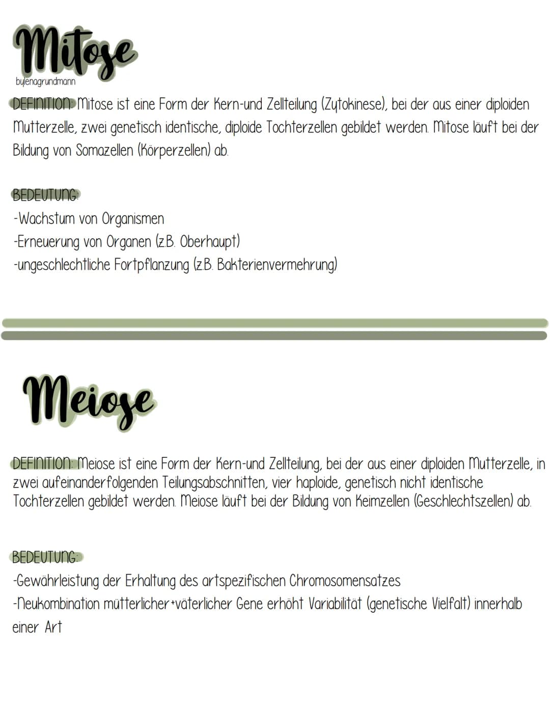 Mitose
bulenagrundmann
DEFINITION Mitose ist eine Form der Kern-und Zellteilung (Zytokinese), bei der aus einer diploiden
mutterzelle, zwei 