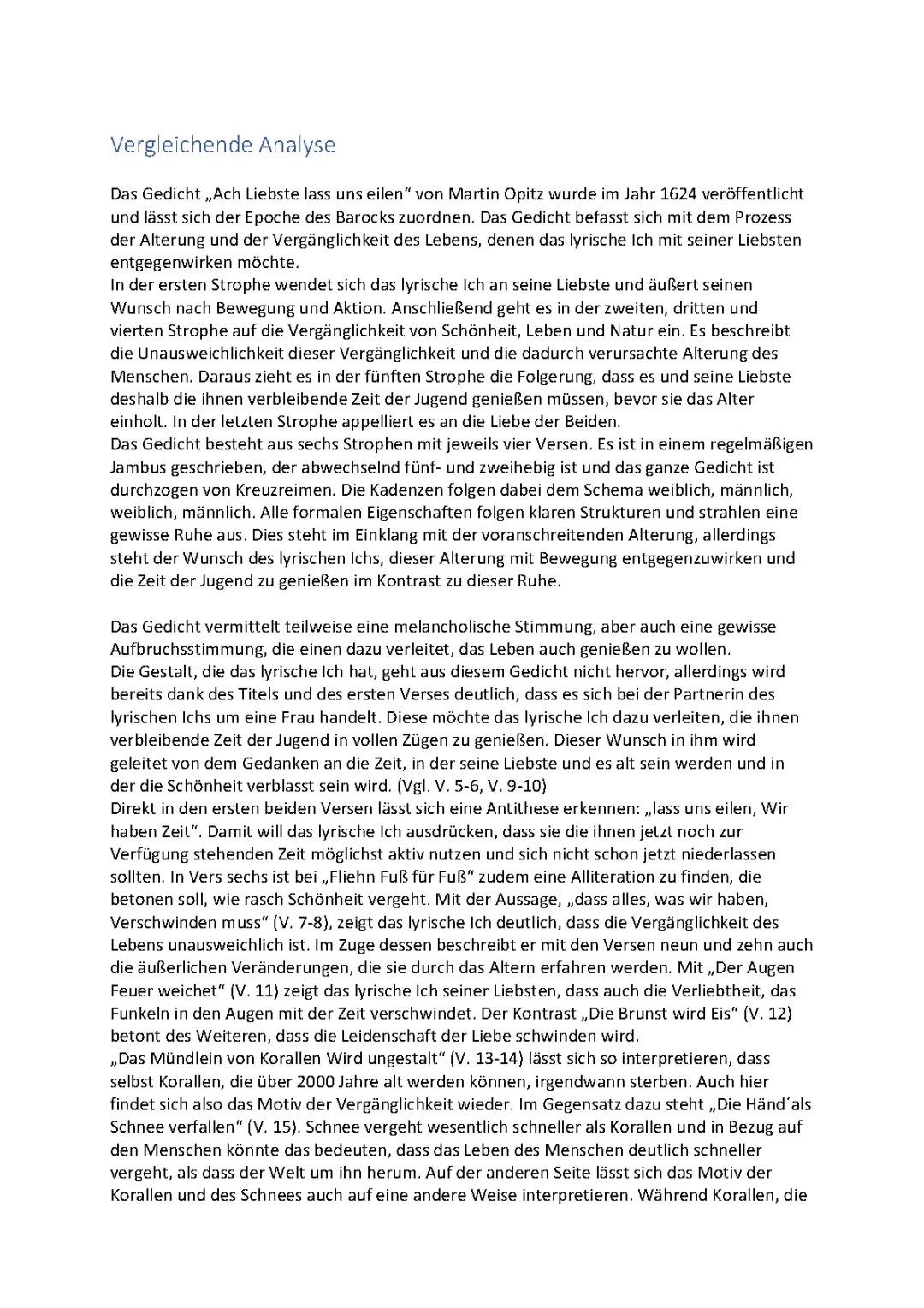 Vergleichende Analyse Gedicht "Ach Liebste lass uns eilen" und "Abend"