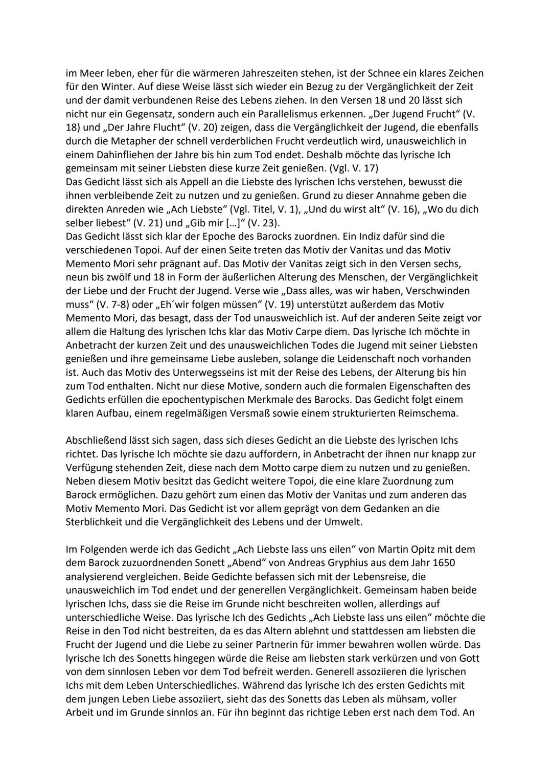 Vergleichende Analyse
Das Gedicht ,,Ach Liebste lass uns eilen" von Martin Opitz wurde im Jahr 1624 veröffentlicht
und lässt sich der Epoche