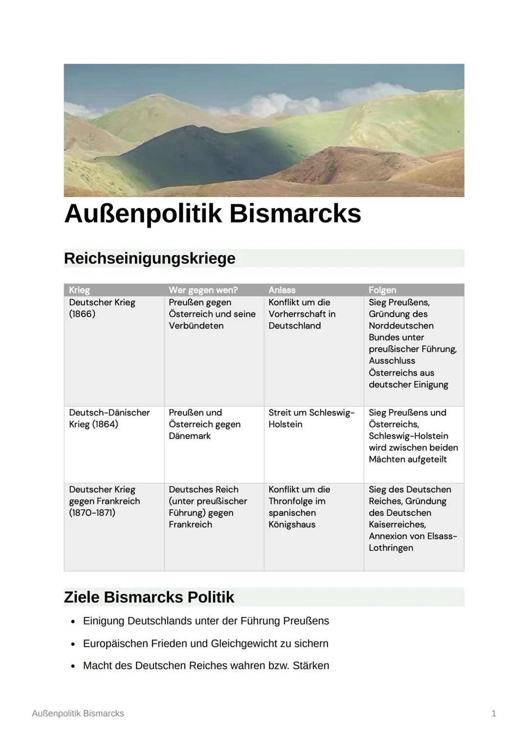 # Außenpolitik Bismarcks

Reichseinigungskriege

| Krieg | Wer gegen wen? | Anlass | Folgen |
|---|---|---|---|
| Deutscher Krieg (1866) | P
