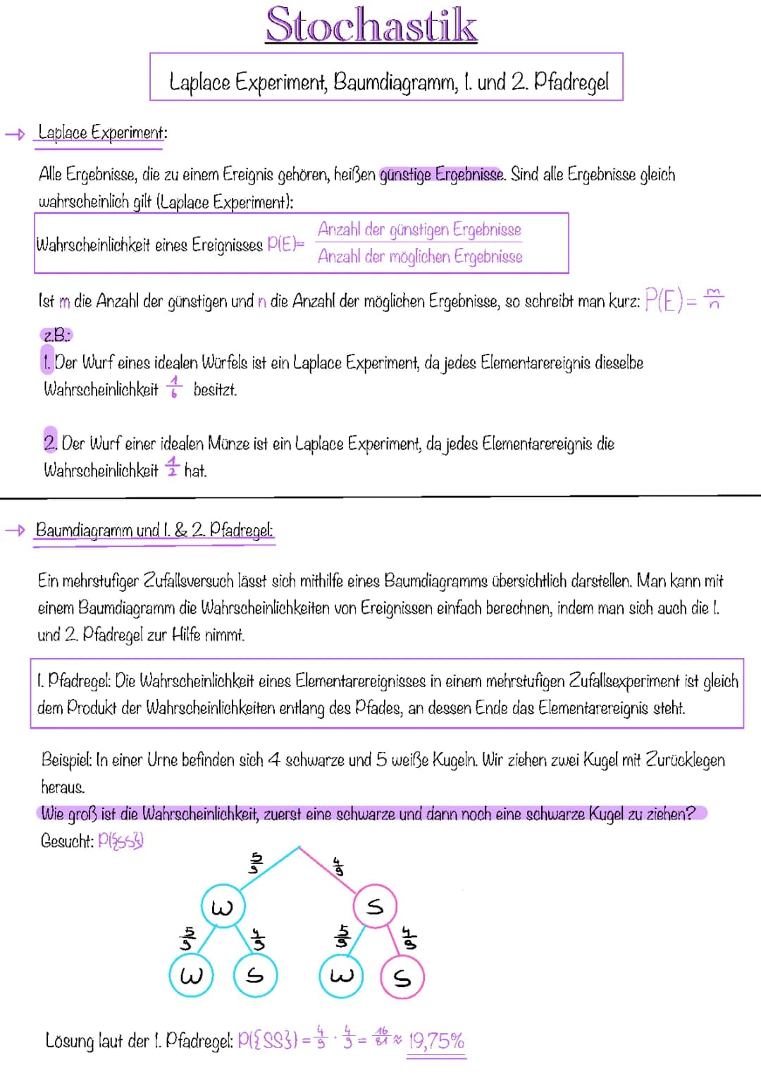 Stochastik (Laplace Experiment, Baumdiagramm, 1. und 2. Pfadregel)