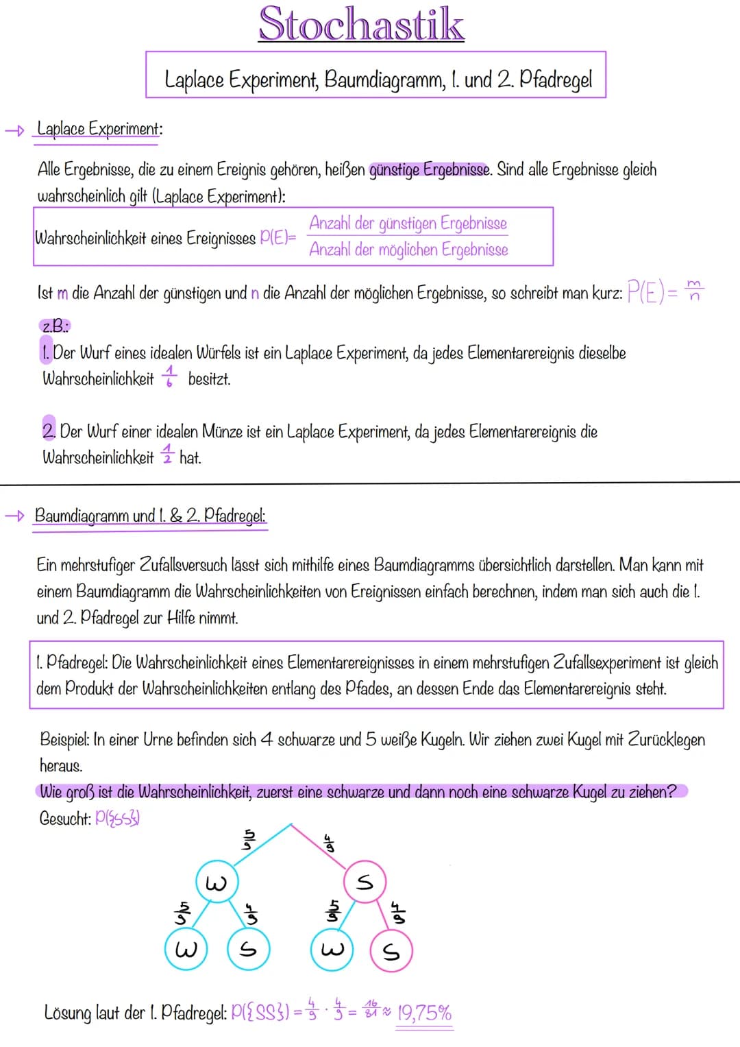 Stochastik
Laplace Experiment, Baumdiagramm, 1. und 2. Pfadregel
→ Laplace Experiment:
Alle Ergebnisse, die zu einem Ereignis gehören, heiße