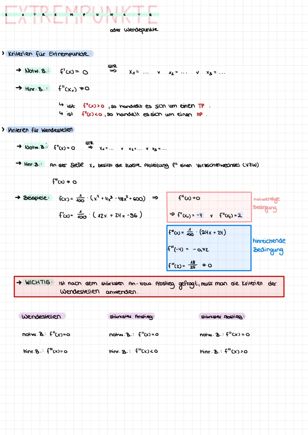 EXTREMPUNKTE
> Kriterien für Extrempunkte
→ Notw. B.:
→ Hinr. B.:
f'(x) = 0
f"(x₂) #0
→Hinr.B.:
4
↳ist
> Kriterien für Wendestellen
→ Notw. 