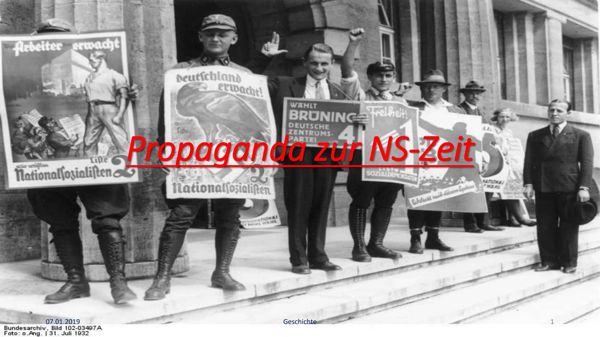 Propaganda zur NS-Zeit - Zusammenfassung
Propaganda kommt vom Lateinischen - propagare, dt. aus-, verbreiten. Im deutschen Sprachgebrauch
he