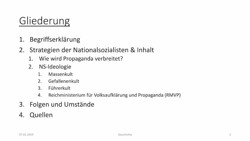 Propaganda zur NS-Zeit - Zusammenfassung
Propaganda kommt vom Lateinischen - propagare, dt. aus-, verbreiten. Im deutschen Sprachgebrauch
he