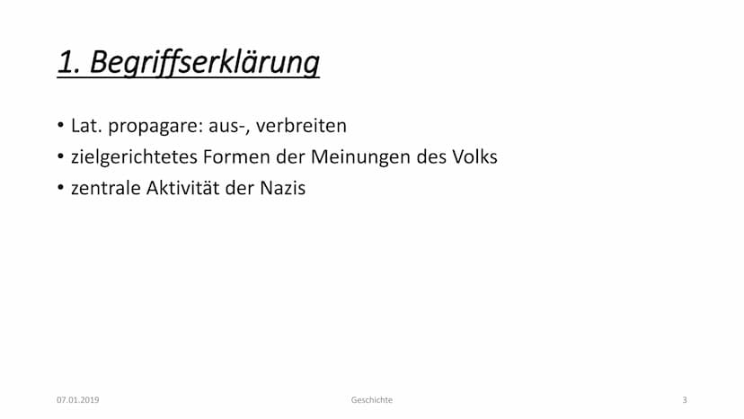 Propaganda zur NS-Zeit - Zusammenfassung
Propaganda kommt vom Lateinischen - propagare, dt. aus-, verbreiten. Im deutschen Sprachgebrauch
he
