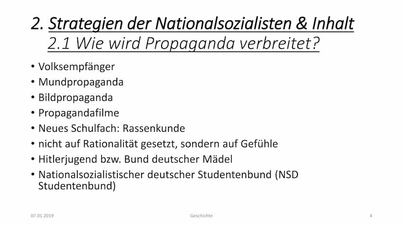 Propaganda zur NS-Zeit - Zusammenfassung
Propaganda kommt vom Lateinischen - propagare, dt. aus-, verbreiten. Im deutschen Sprachgebrauch
he