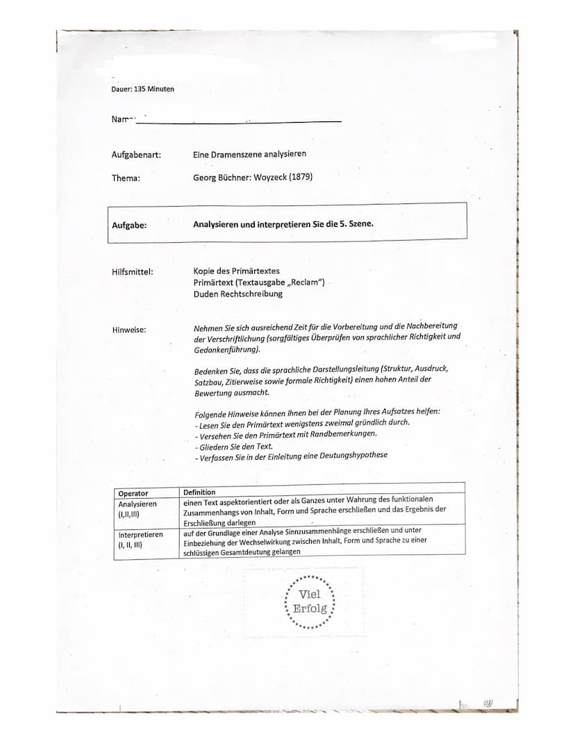 Dauer: 135 Minuten
Nam.
Aufgabenart:
Thema:
Aufgabe:
Hilfsmittel:
Hinweise:
Operator
Analysieren.
(1,1,1)
Interpretieren
(I, II, III)
Eine D