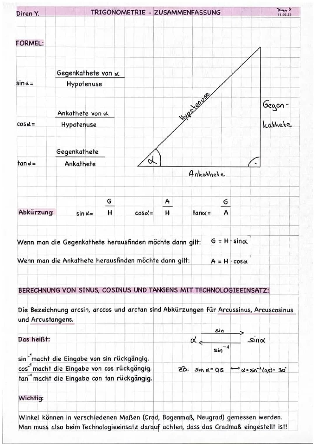 Trigonometrie - Zusammenfassung