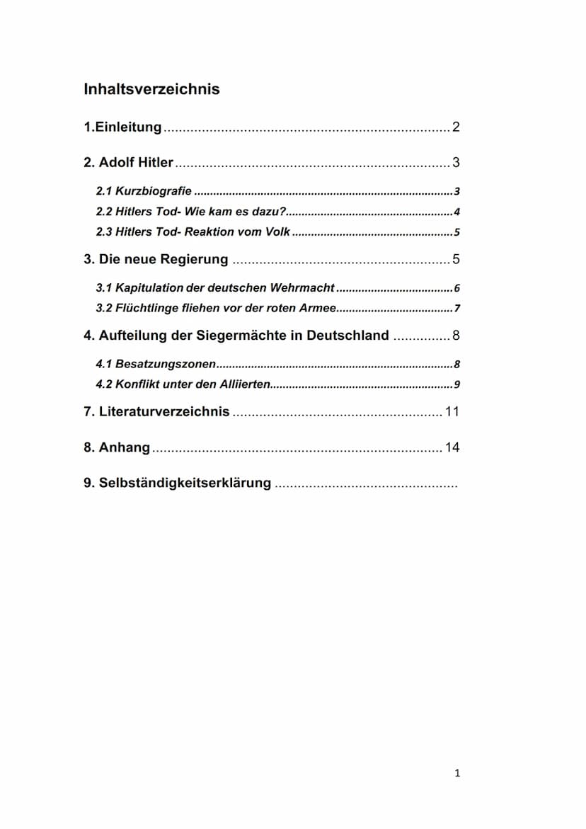 HITLERS TOD - ENDE
DER TYRANNEI?
Alicia Wiebring 10gb Schuljahr 2021/22
Fach: Geschichte, Inhaltsverzeichnis
1.Einleitung..
2. Adolf Hitler.