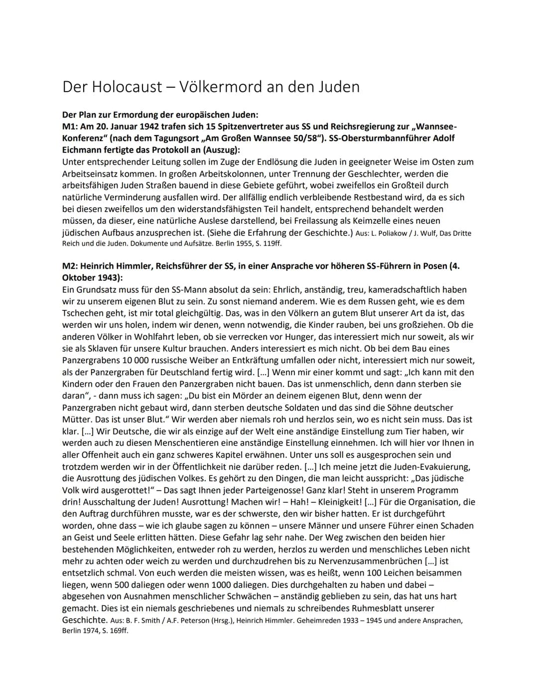 Der Holocaust - Völkermord an den Juden
Der Plan zur Ermordung der europäischen Juden:
M1: Am 20. Januar 1942 trafen sich 15 Spitzenvertrete