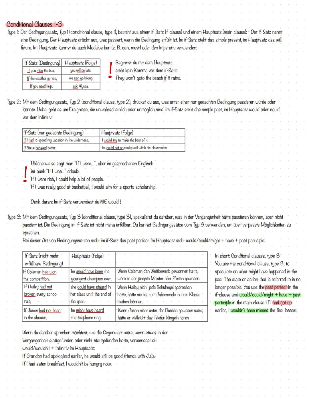 Conditional Clauses 1-3
Type 1: Der Bedingungssatz, Typ I (conditional clause, type 1), besteht aus einem if-Satz (f-clause) und einem Haupt