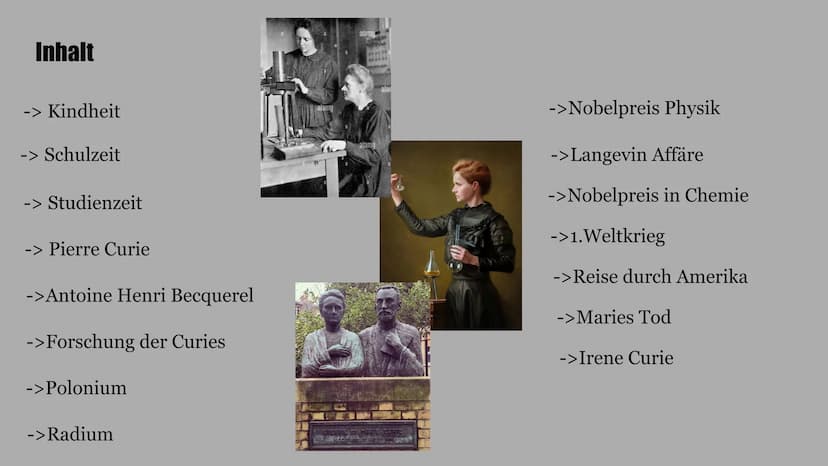 Marie
Curie
Wie sie die Welt veränderte Inhalt
-> Kindheit
-> Schulzeit
-> Studienzeit
-> Pierre Curie
->Antoine Henri Becquerel
->Forschung